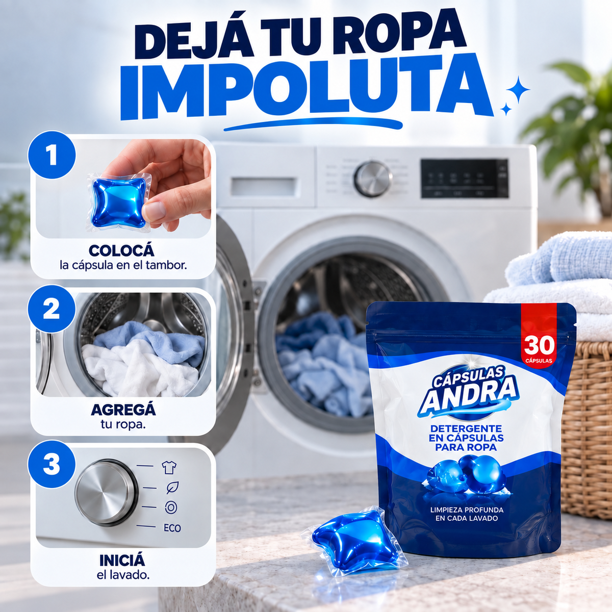 CÁPSULAS PARA LAVAR ROPA 3 EN 1 | DETERGENTE, QUITA MANCHAS Y SUAVIZANTE